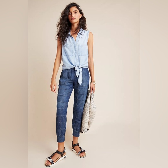 Cloth & Stone Tie-Front Chambray Buttondown Sleeveless Shirt Size Large - Picture 2 of 10